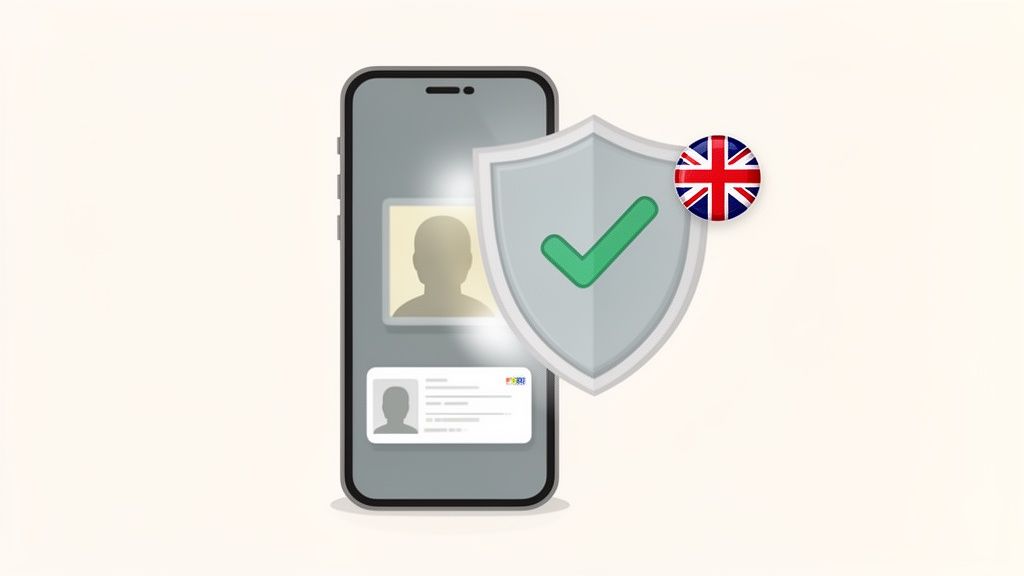 Digital identity verification on a smartphone with a security shield and UK flag.