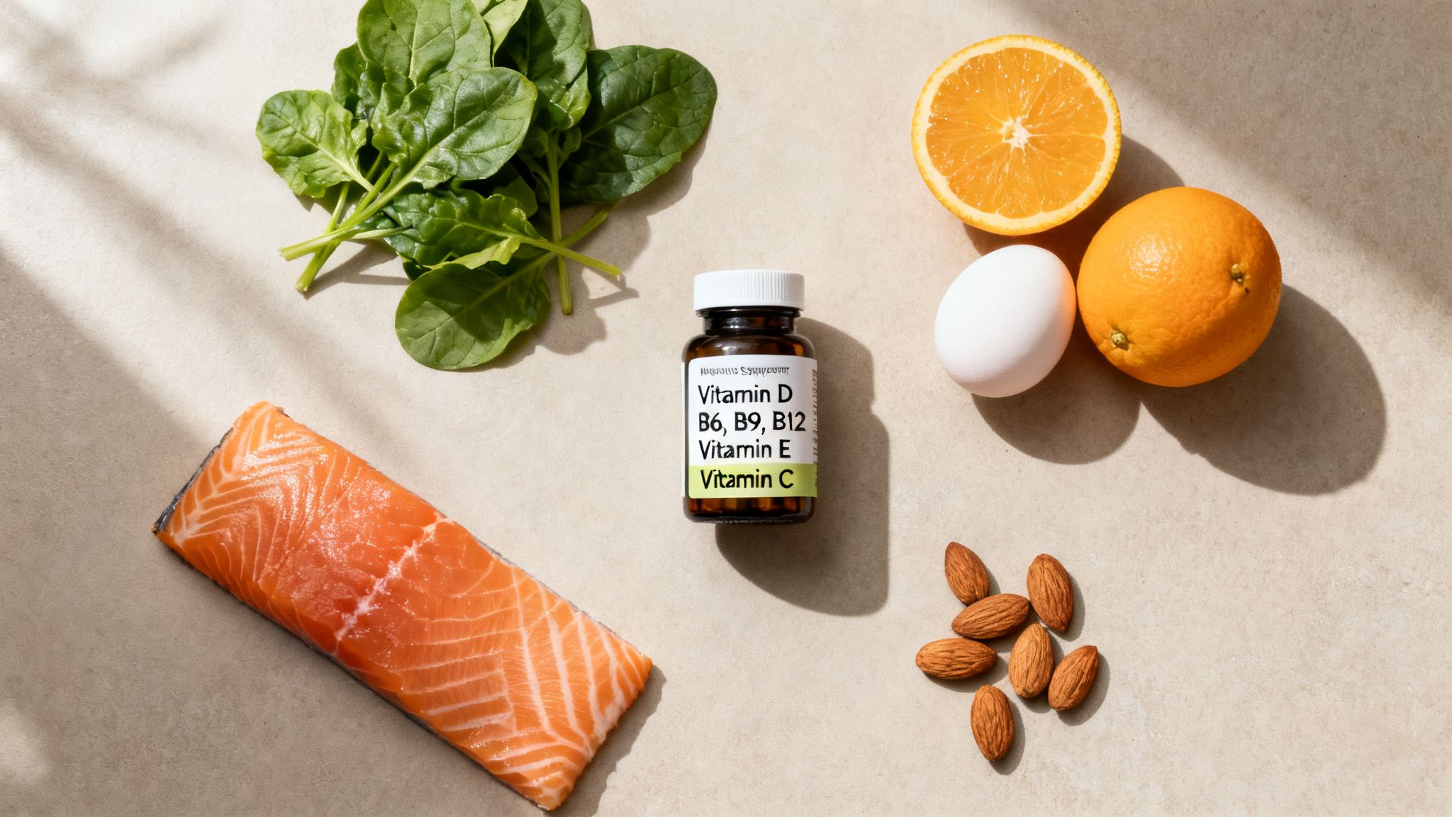 A flat lay of vitamin-rich foods like salmon, spinach, oranges, almonds, and an egg, next to a vitamin supplement bottle.