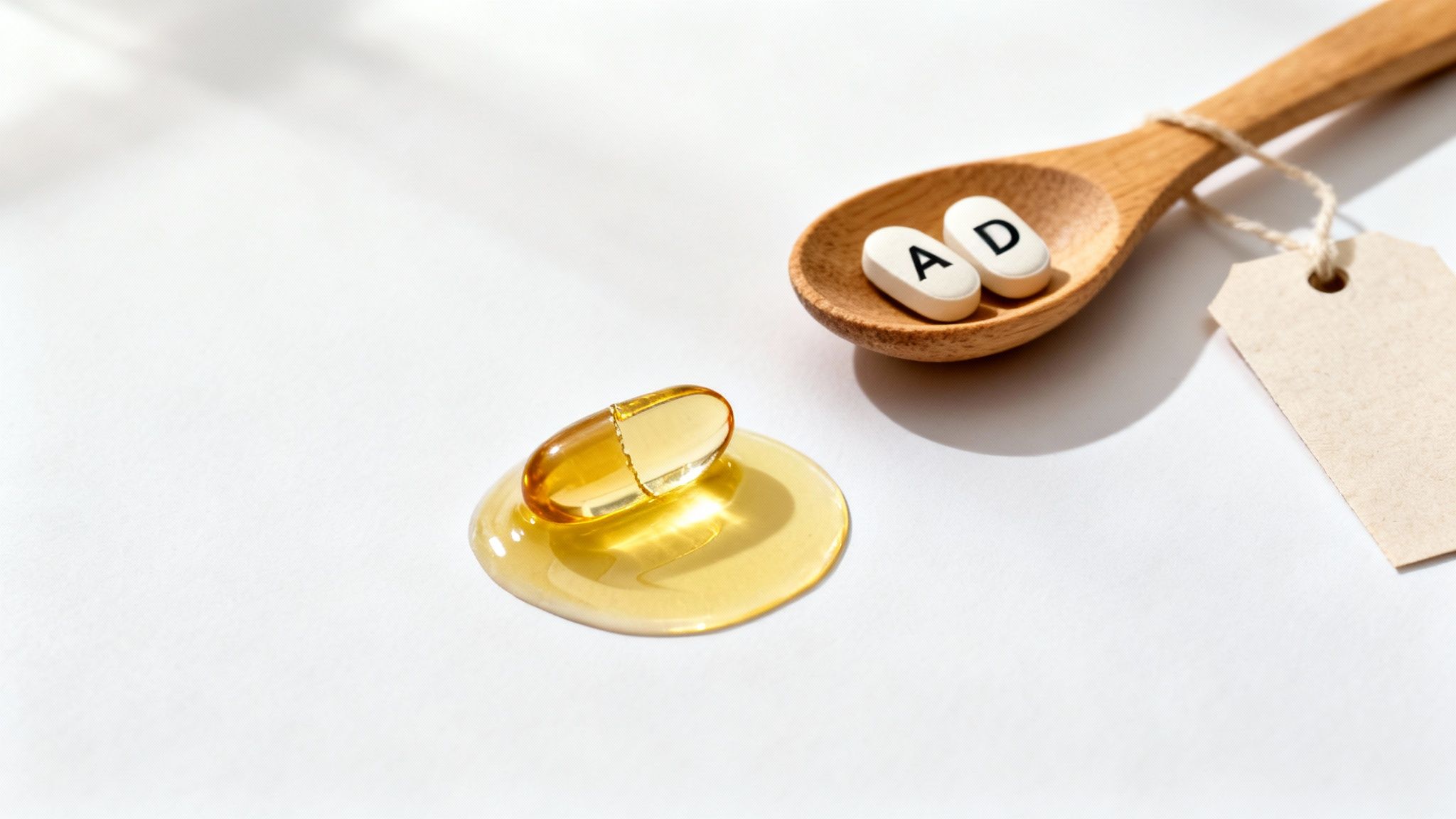 Close-up of a spilled fish oil capsule, vitamin A and D pills in a wooden spoon.