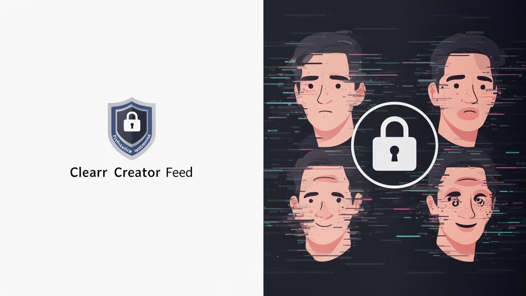 Shield logo and padlock icon protecting creators from digital glitches and privacy concerns.
