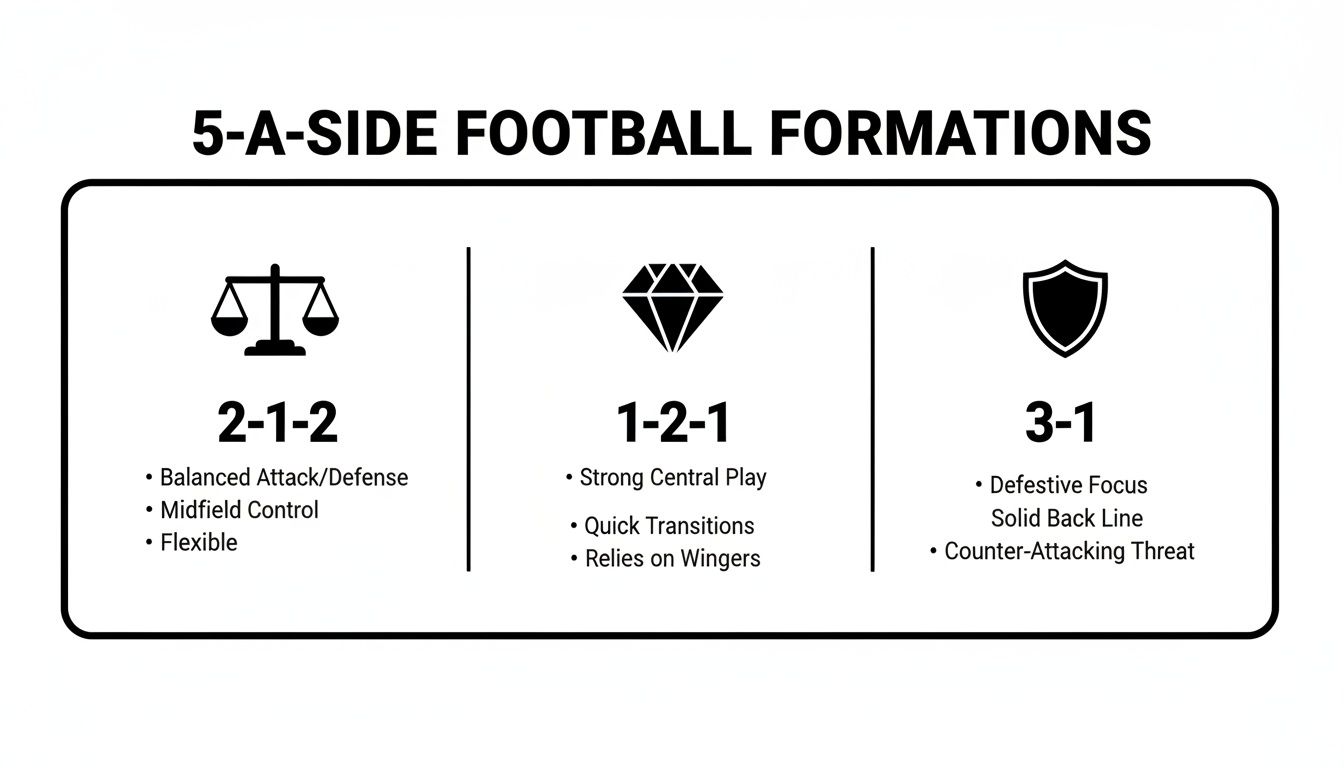 Diagram illustrating three 5-a-side football formations: 2-1-2, 1-2-1, and 3-1, with their key features.