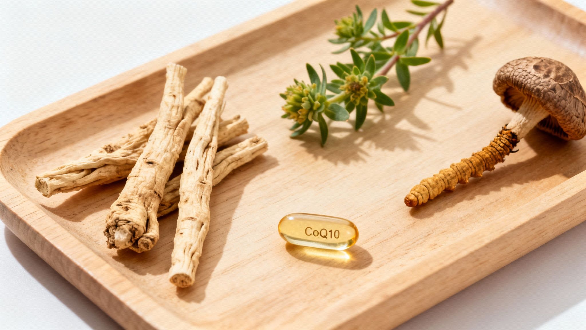 A wooden tray with various natural supplements including ginseng, cordyceps, mushroom, green plant, and a CoQ10 capsule.