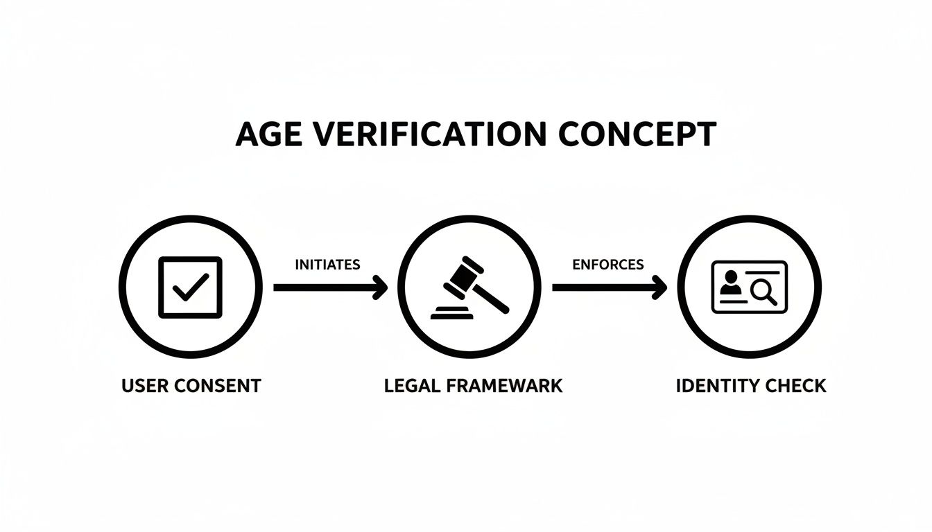 Diagram showing the age verification concept with user consent, legal framework, and identity check steps.