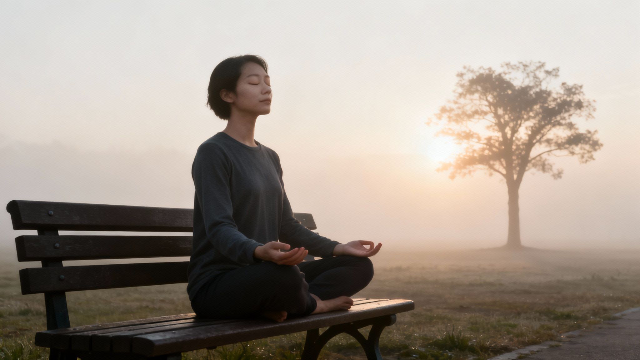 A woman meditates peacefully on a park bench in lotus position during a foggy sunrise.