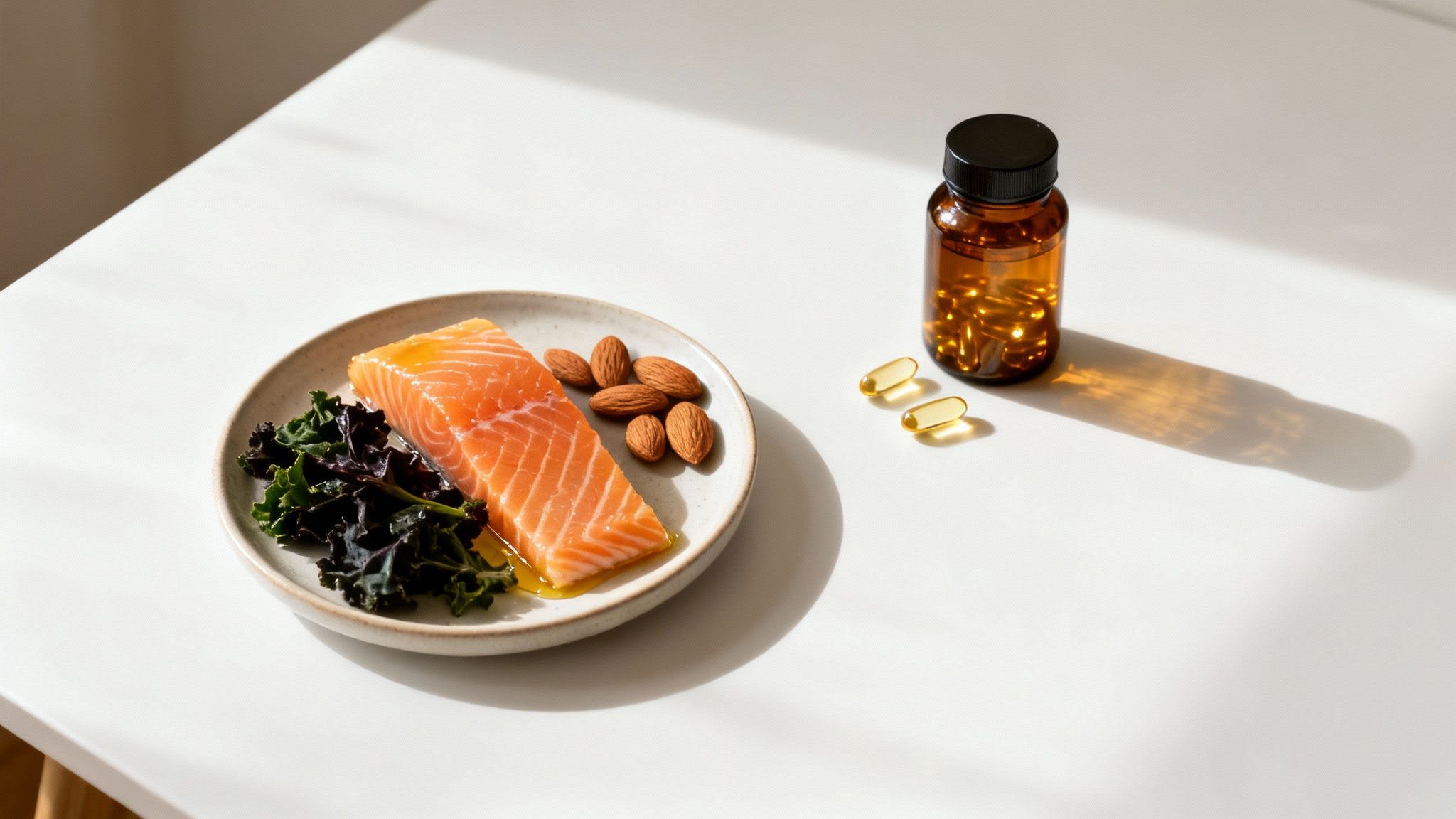 A plate with salmon fillet, kale, and almonds, next to a brown bottle of omega-3 capsules and two spilled out.