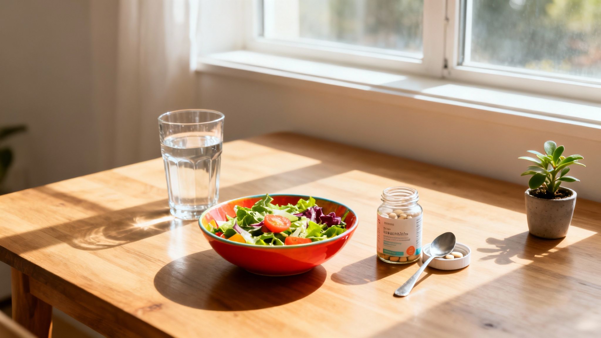 Healthy meal with fresh salad, glass of water, vitamins and supplements on wooden table