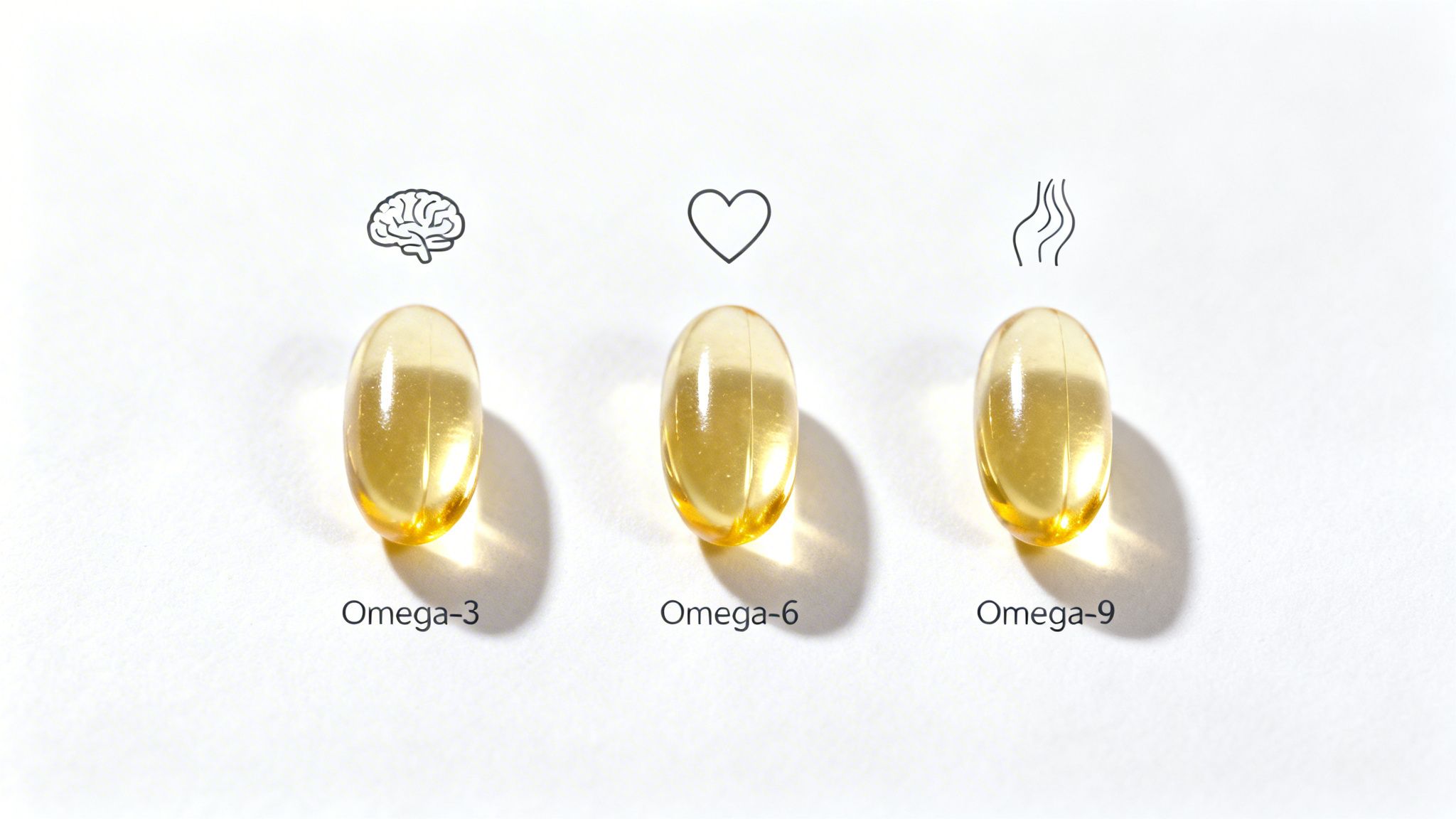 Three omega supplement capsules (Omega-3, Omega-6, Omega-9) with icons for brain, heart, and hair/skin health.