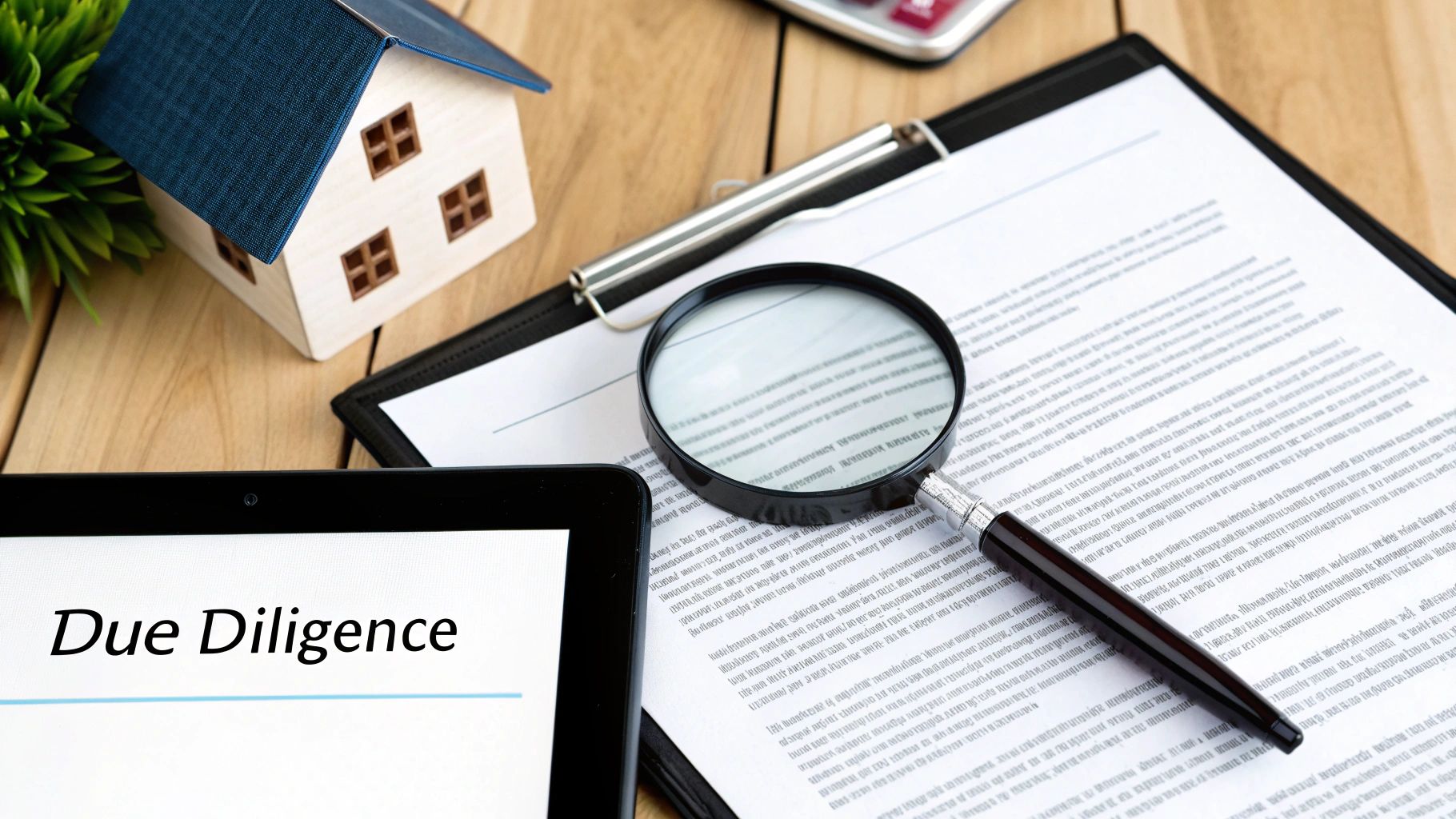 Table with a model house, tablet displaying 'Due Diligence', magnifying glass, and documents.