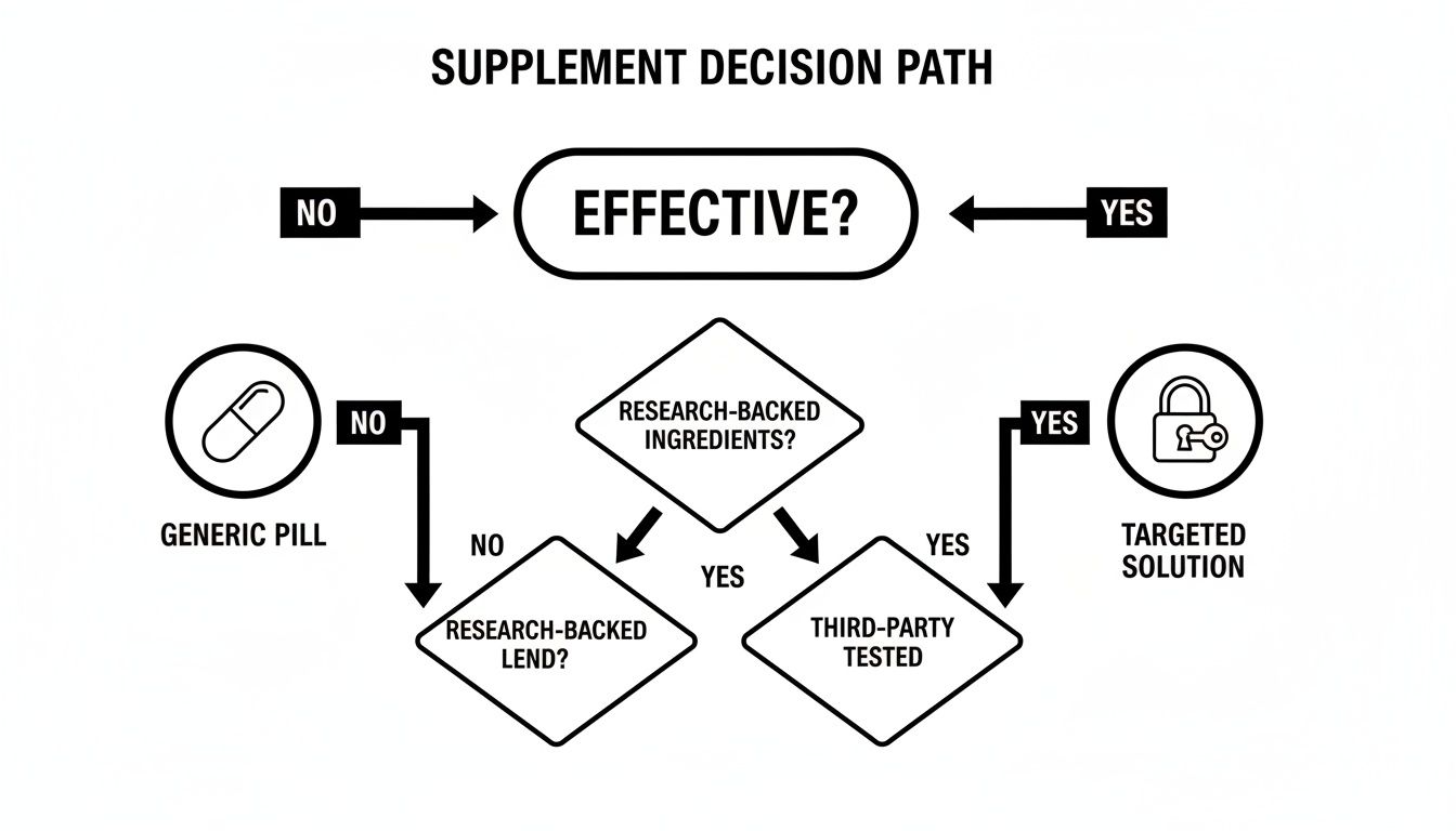 Flowchart illustrating a supplement decision path, evaluating effectiveness, research-backed ingredients, and third-party testing for targeted solutions.
