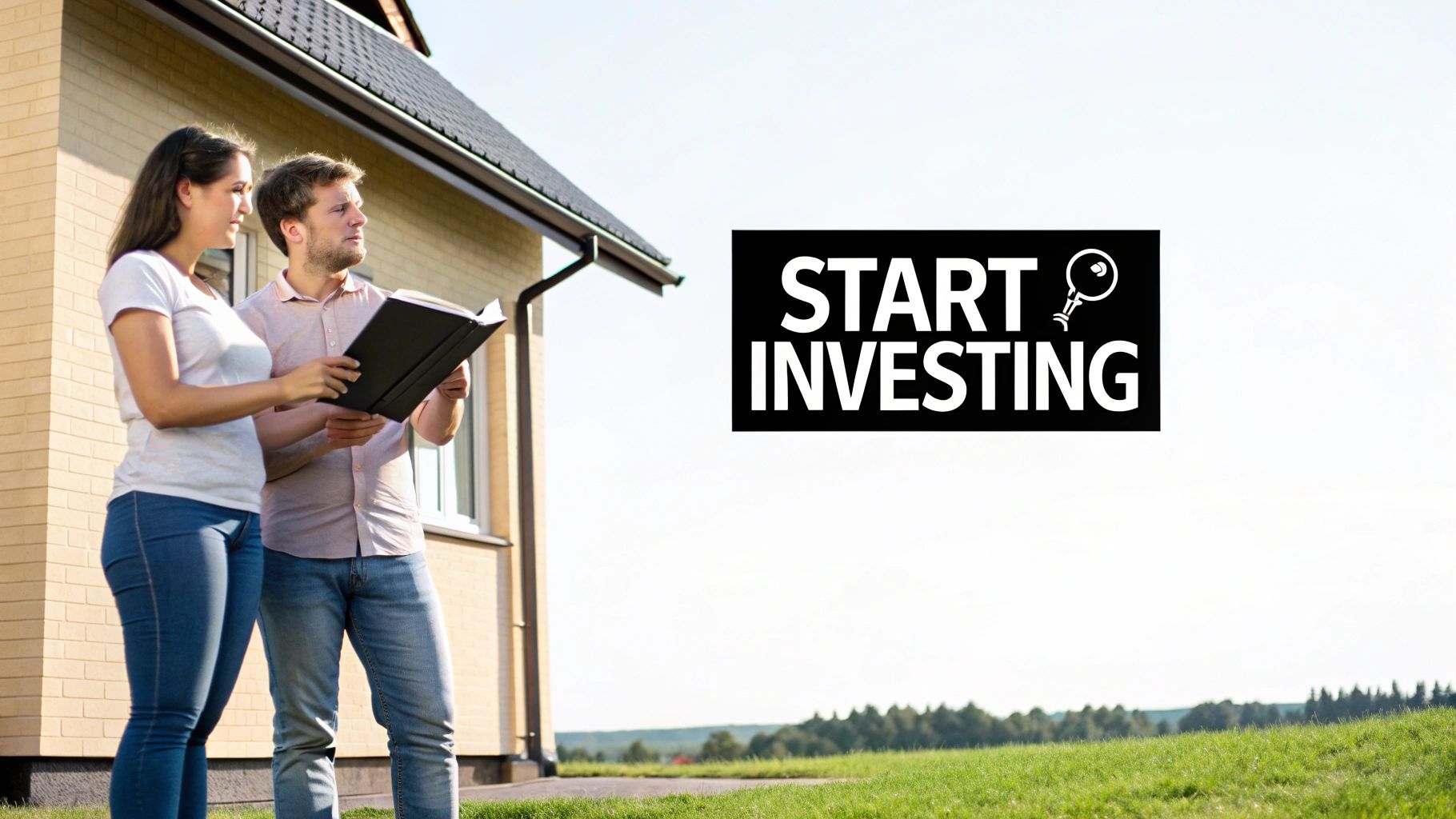 A couple reviews documents in front of a house with a 'START INVESTING' sign.