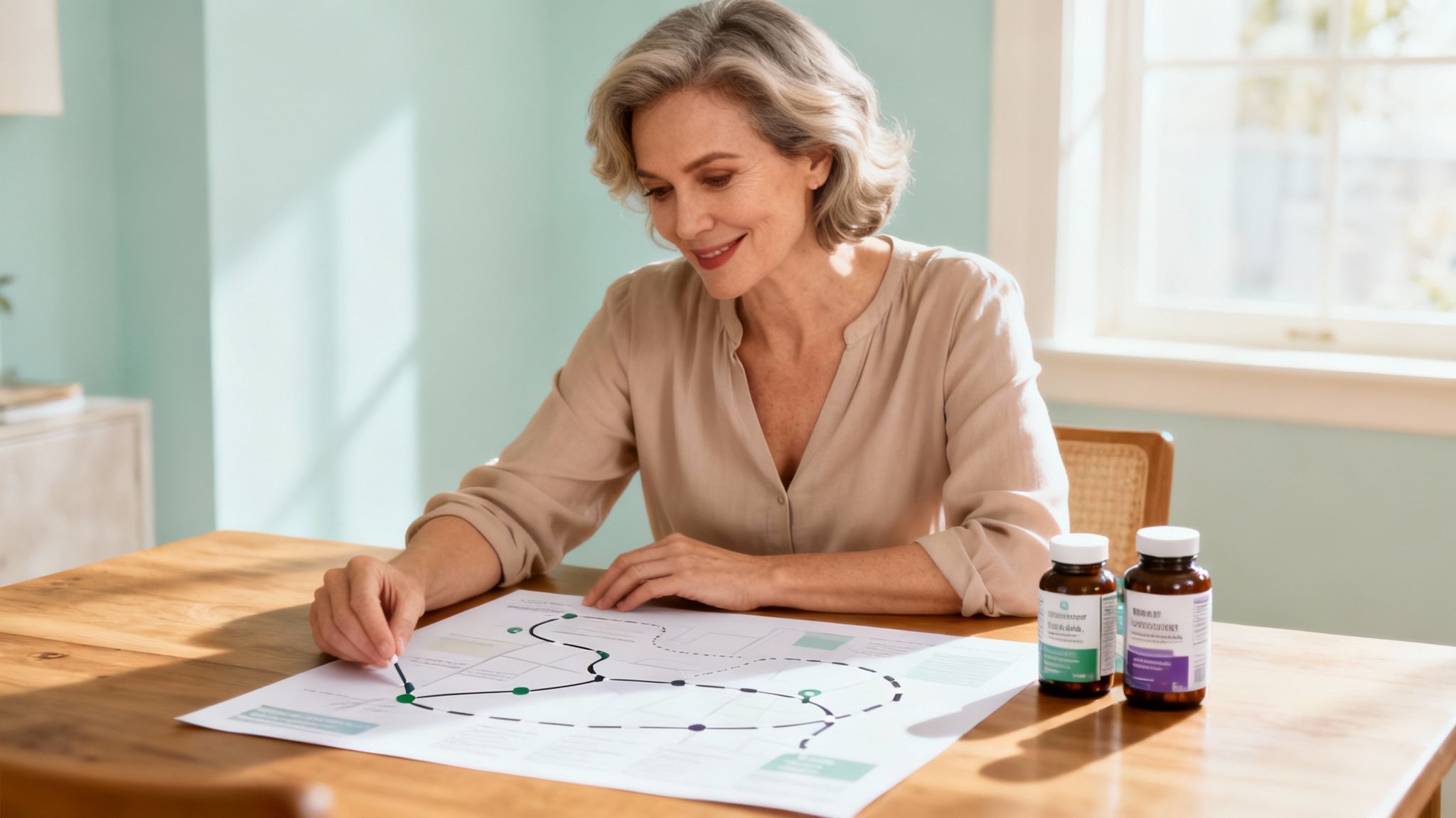 A woman over 40 smiling and feeling vibrant, representing the positive outcomes of good health.