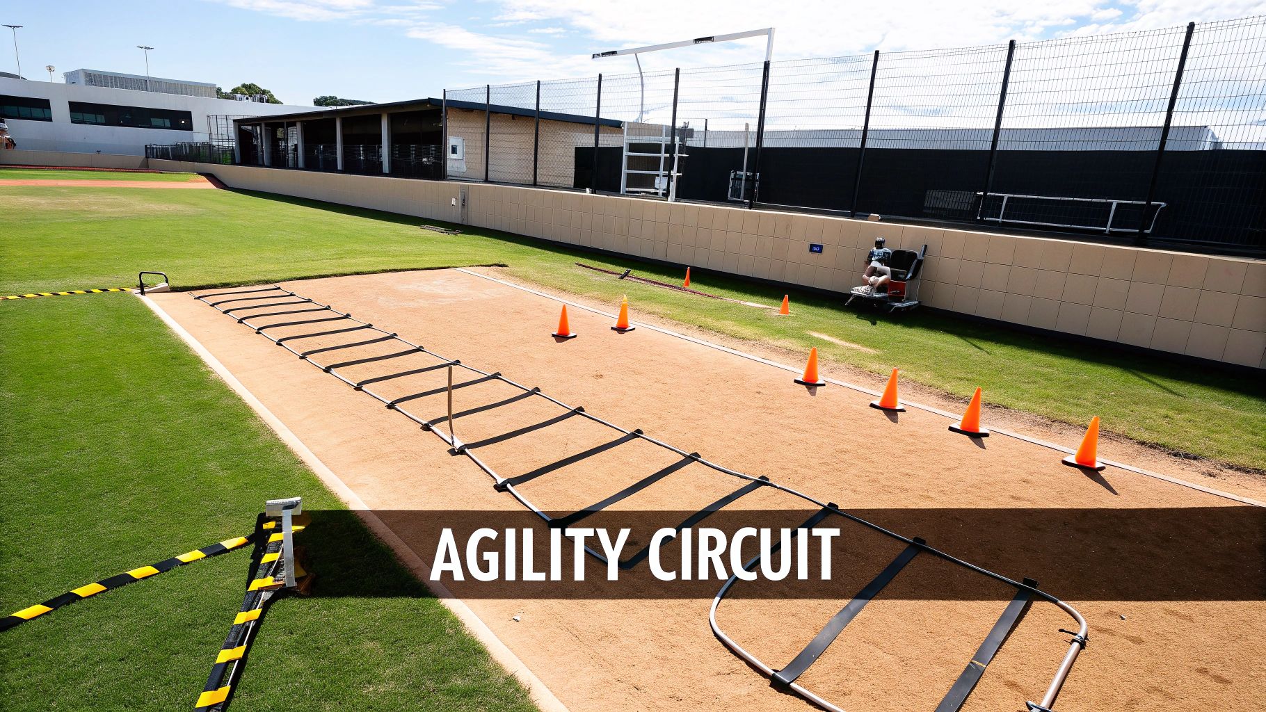 Outdoor agility circuit training area featuring speed ladder and orange cones on sports field
