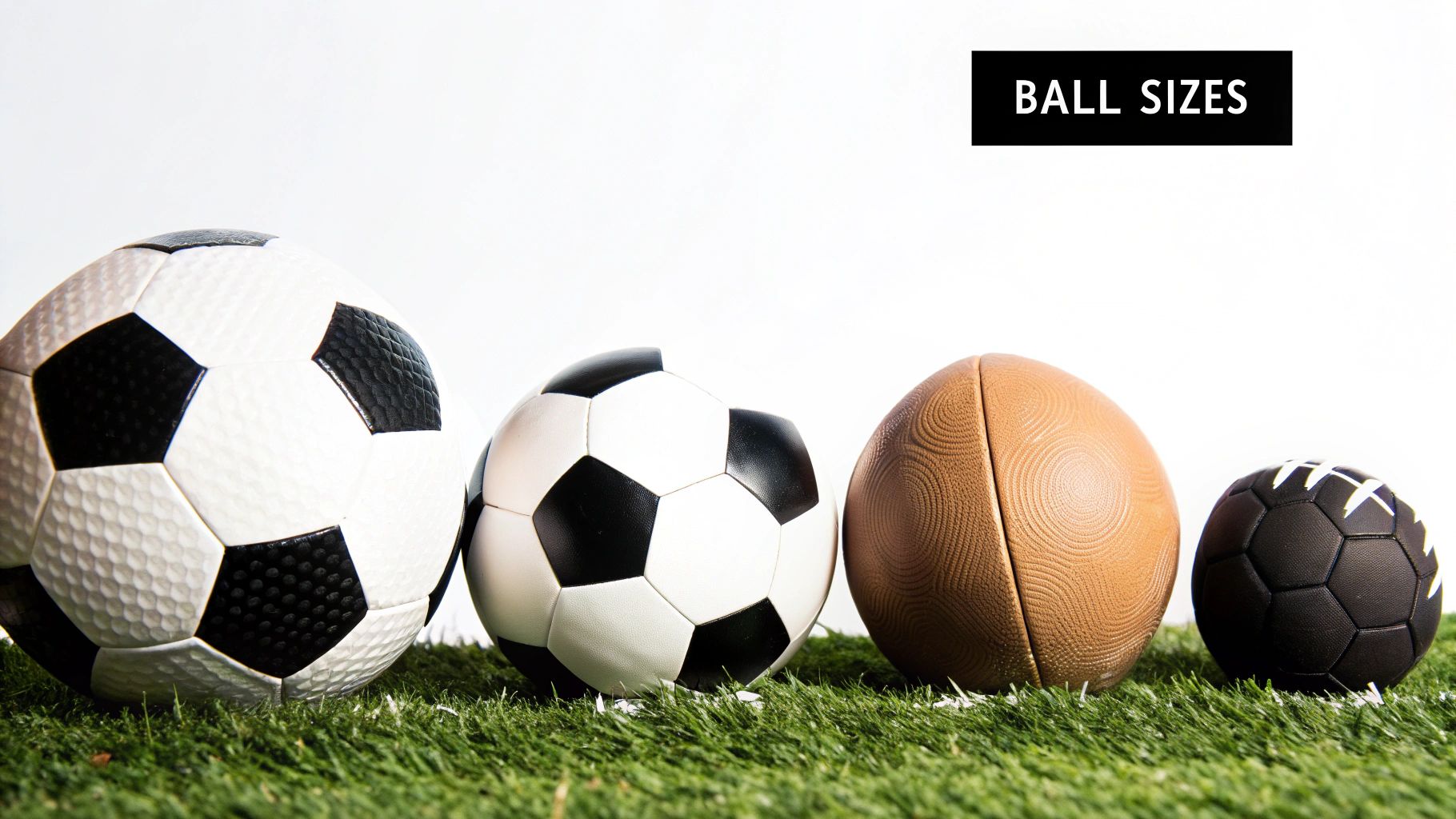 Four different sized sports balls, including two soccer balls, an American football, and a small black ball, on green grass.