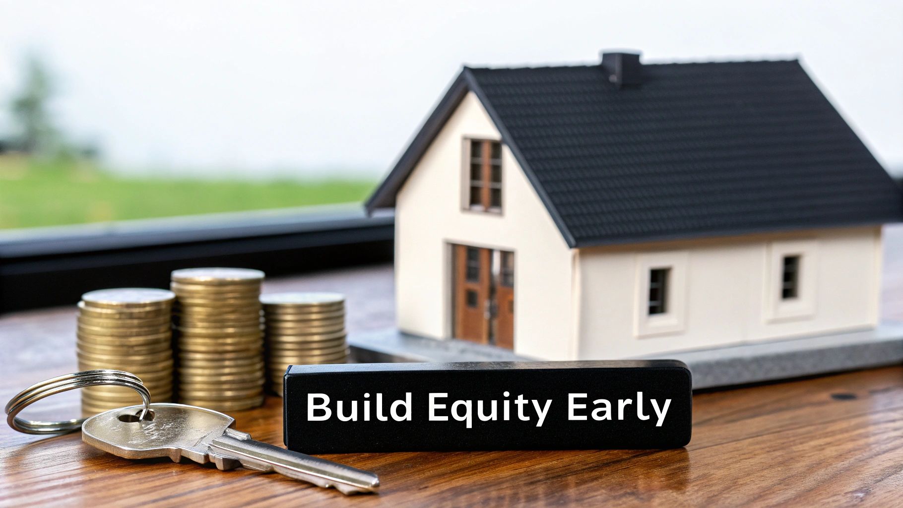 A miniature house model, stacks of golden coins, and a house key, with a sign reading 'Build Equity Early' on a wooden surface.