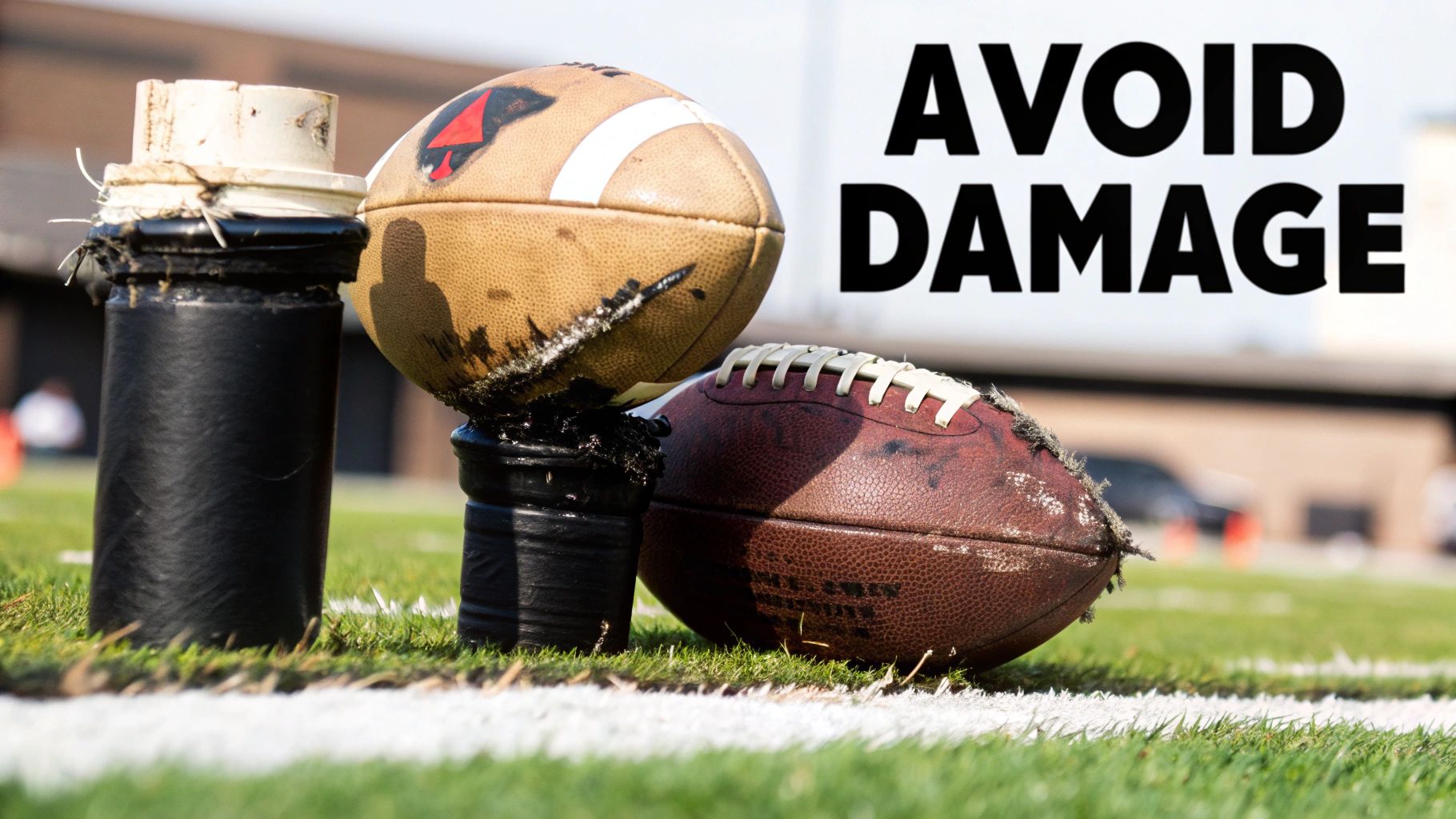 Damaged worn footballs on field post with avoid damage warning text overlay