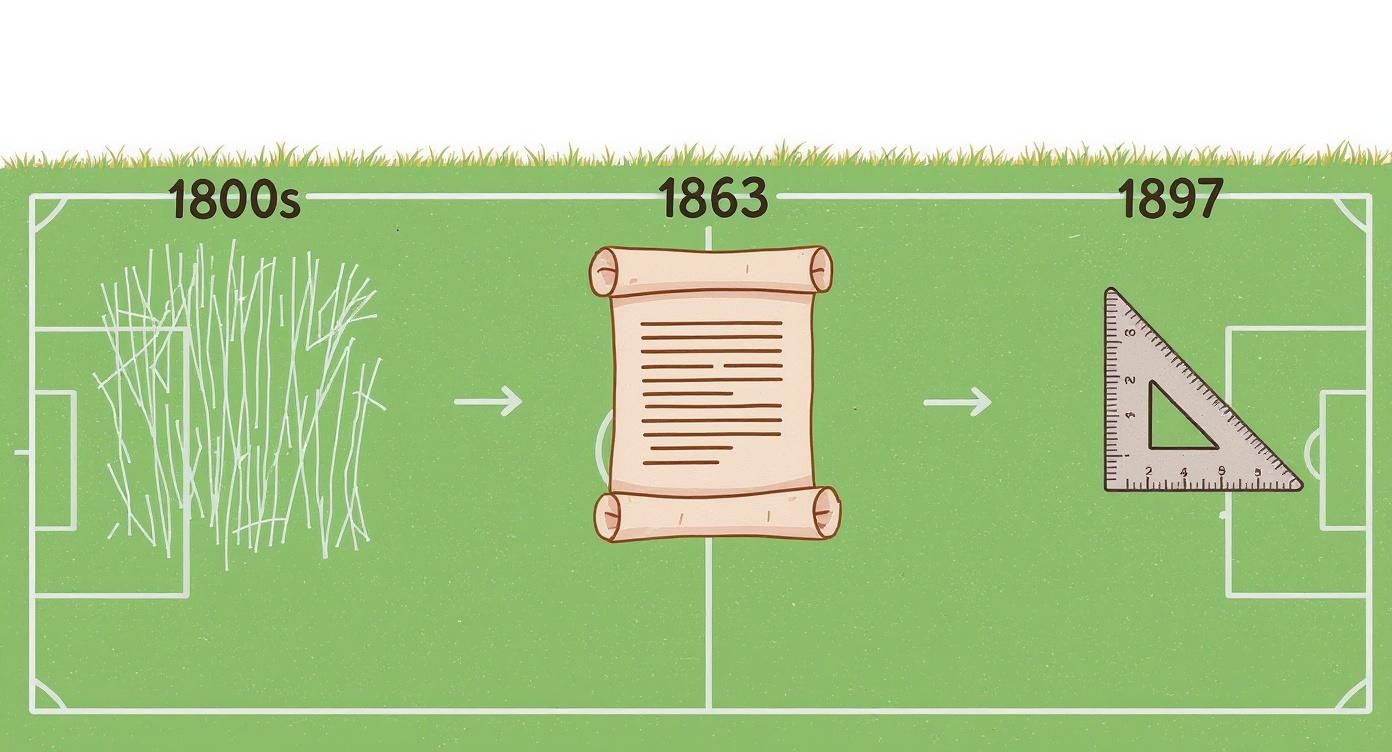 Illustration showing the evolution of soccer field markings and rules from the 1800s to 1897.