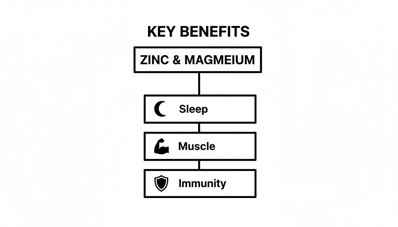 An infographic detailing the key benefits of Zinc & Magnesium for sleep, muscle, and immunity.