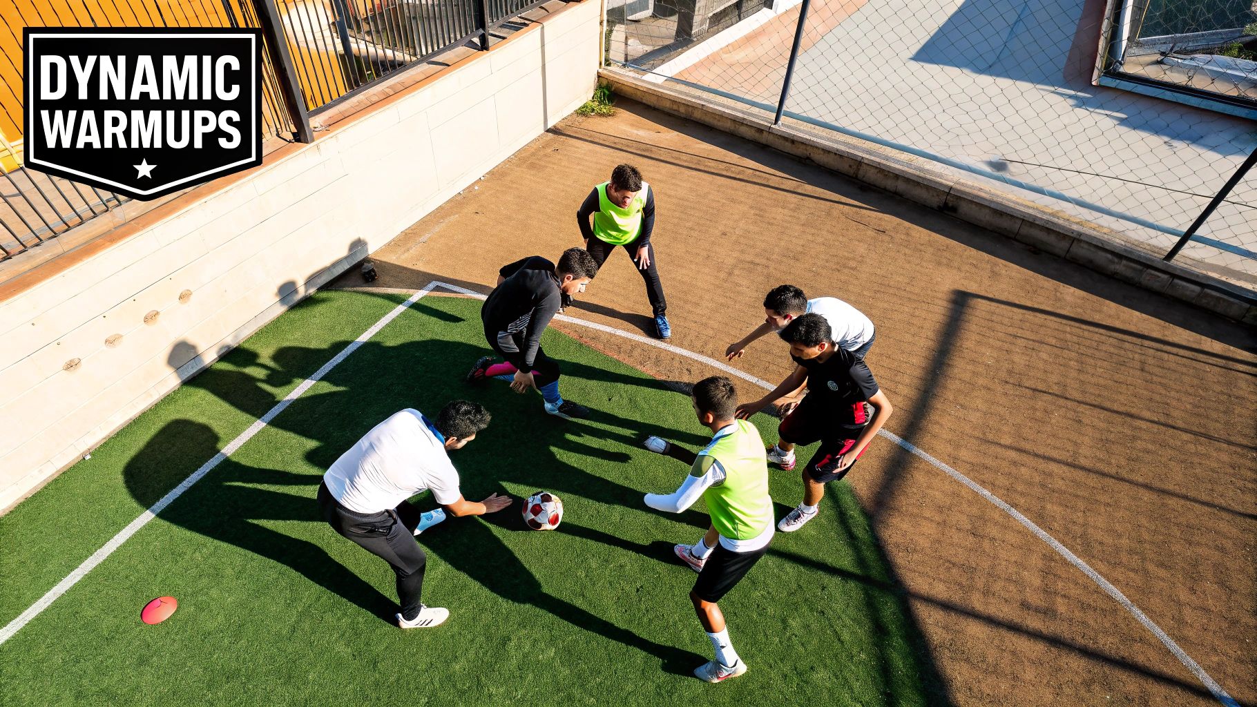 Overhead view of young men performing football drills on an artificial turf field.