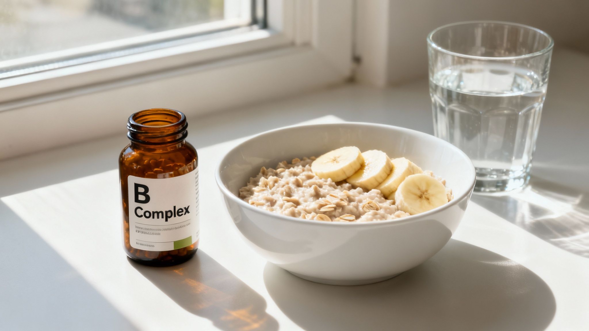 A B Complex vitamin bottle, a bowl of banana oatmeal, and a glass of water on a sunlit windowsill.