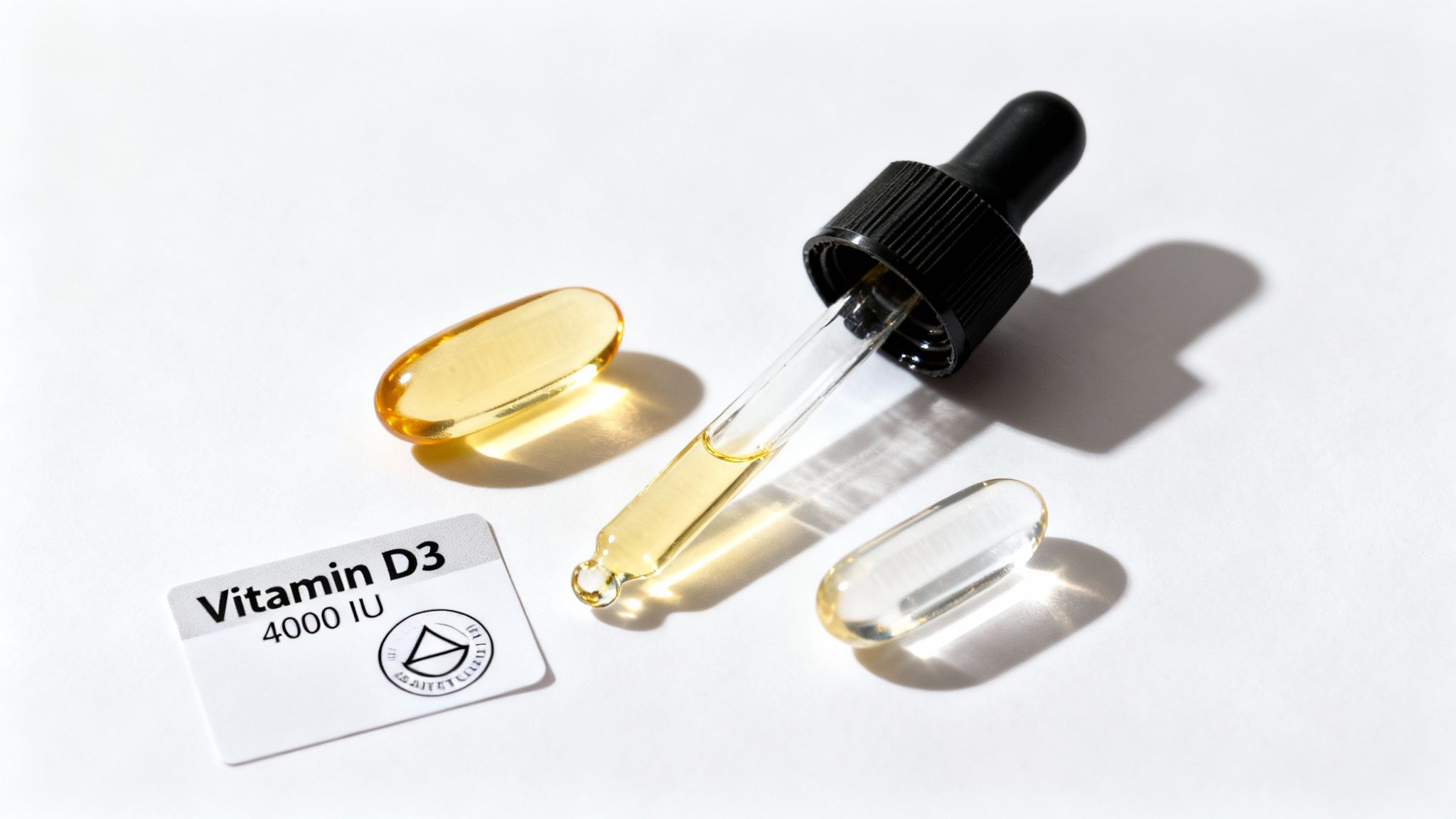 Vitamin D3 supplements: a dropper with liquid, two softgel capsules, and a 4000 IU label.