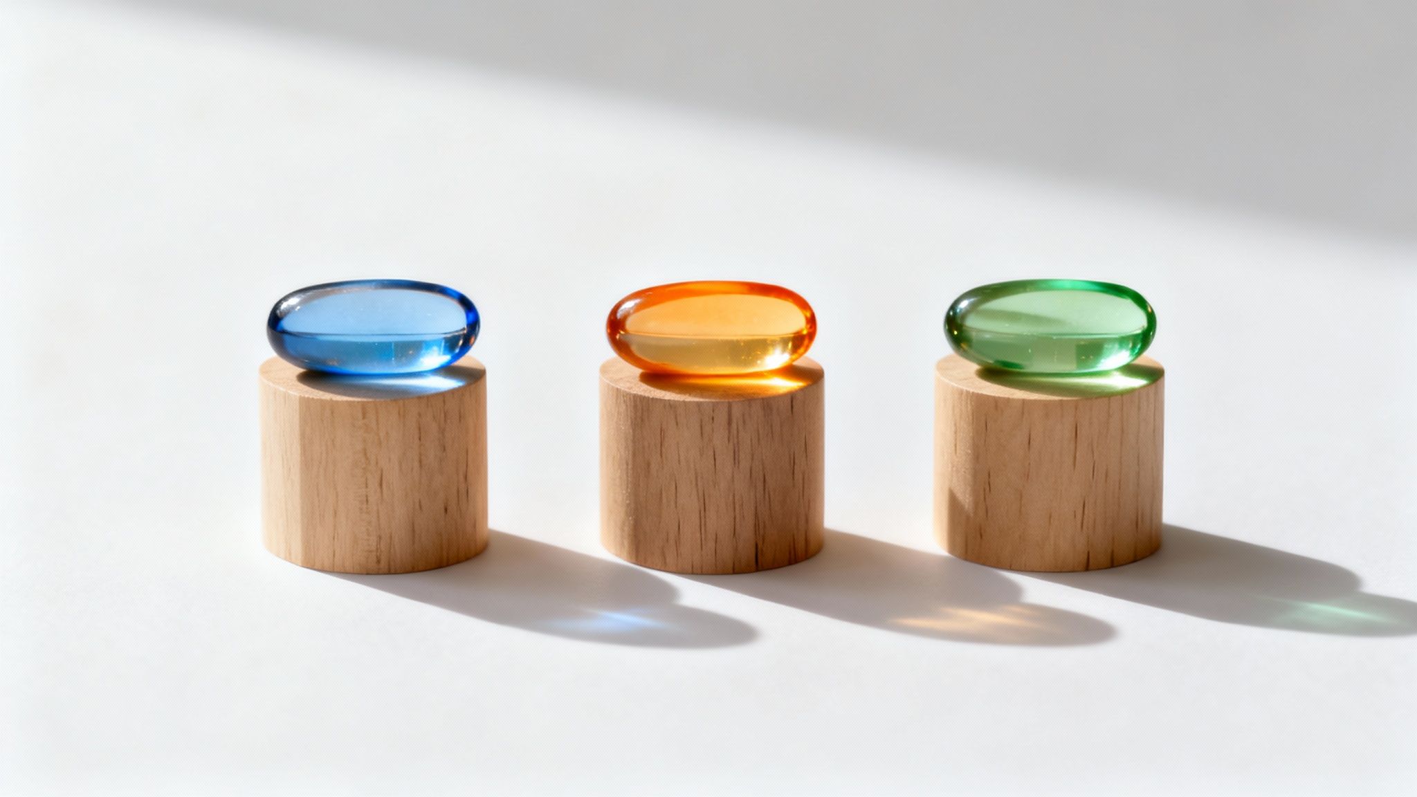 Three colorful, translucent capsules (blue, orange, green) on wooden blocks with shadows.
