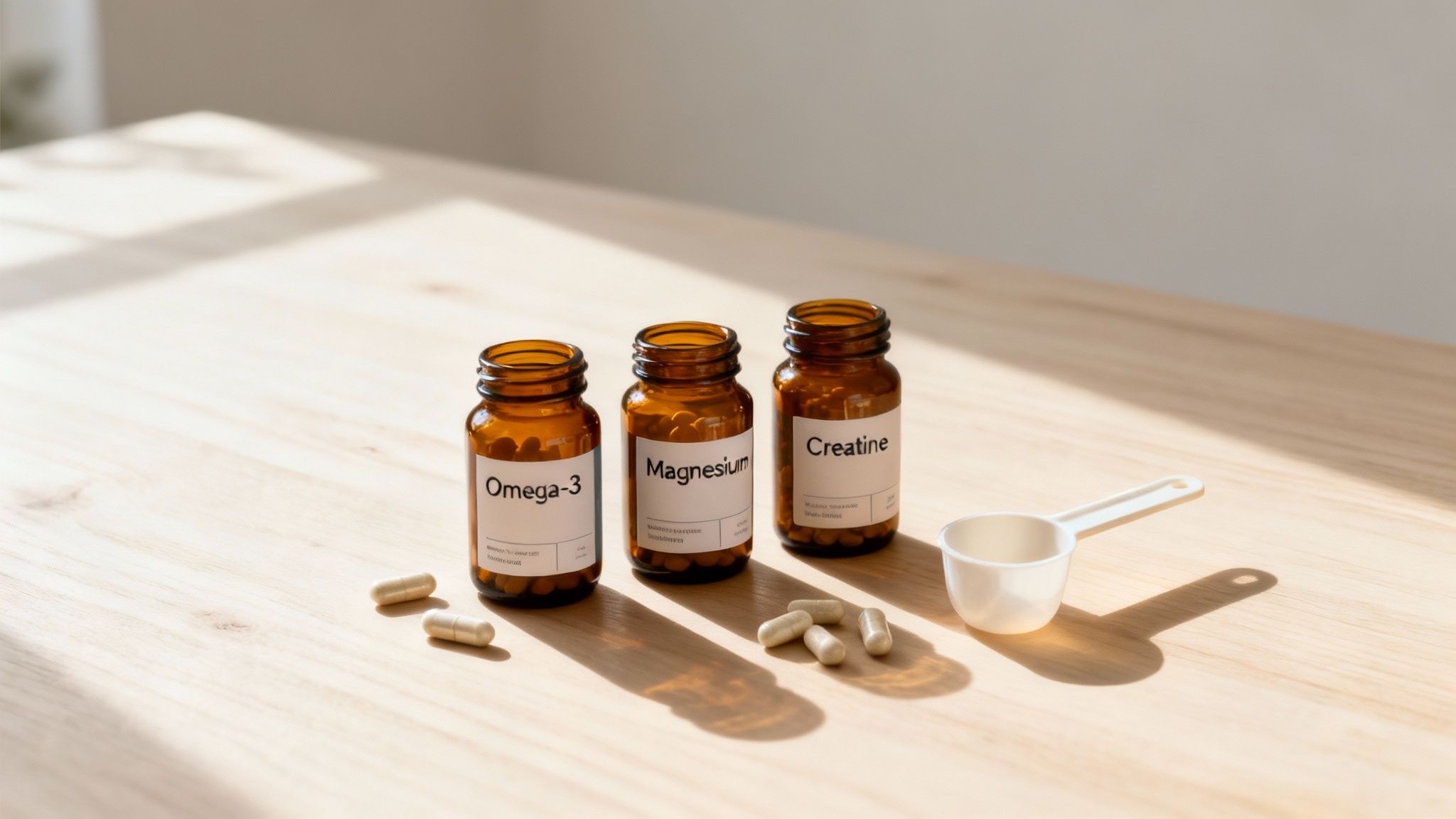 A collection of different supplements in jars and on spoons, arranged neatly on a clean, modern surface, symbolising targeted nutritional support.