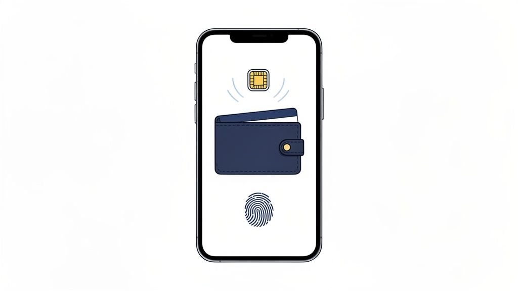 Smartphone screen showing a digital wallet, contactless payment chip, and fingerprint for secure mobile transactions.