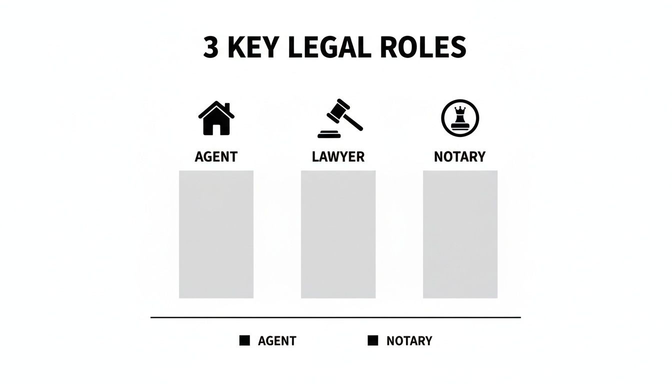 Visual representation of three key legal roles: Agent, Lawyer, and Notary, each with a distinct icon.
