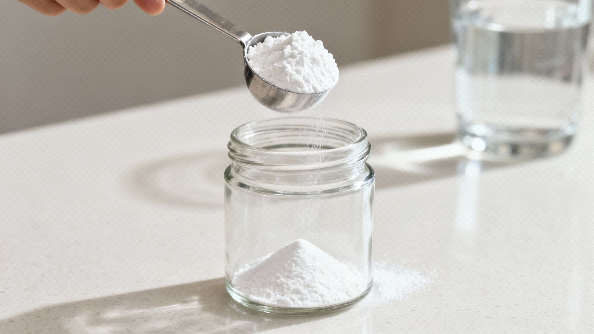 A scoop of white supplement powder being held over a container, illustrating the use of bulking agents in products like creatine or energy powders.