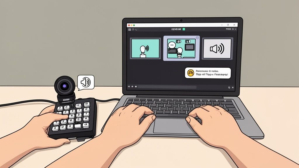 A person uses a laptop and an external keypad with a webcam for video conferencing and streaming.