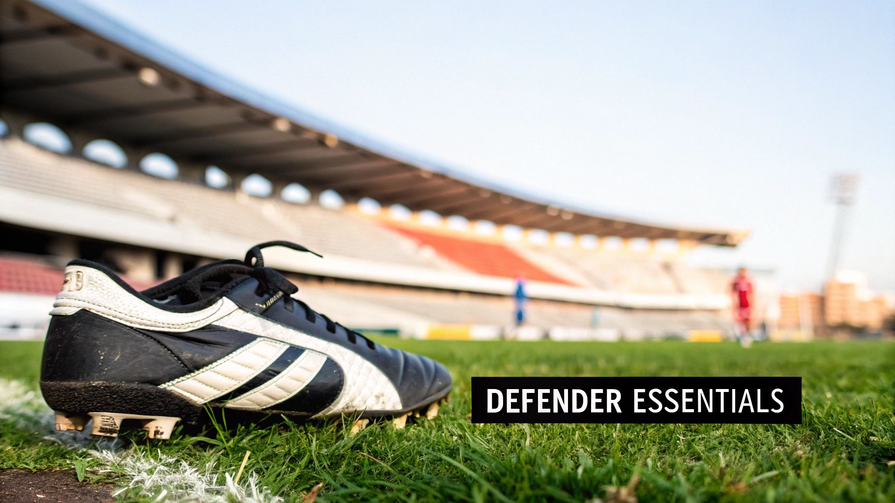 A close-up of a black and white football boot on a grassy field, with a stadium in the background, promoting 'Defender Essentials'.