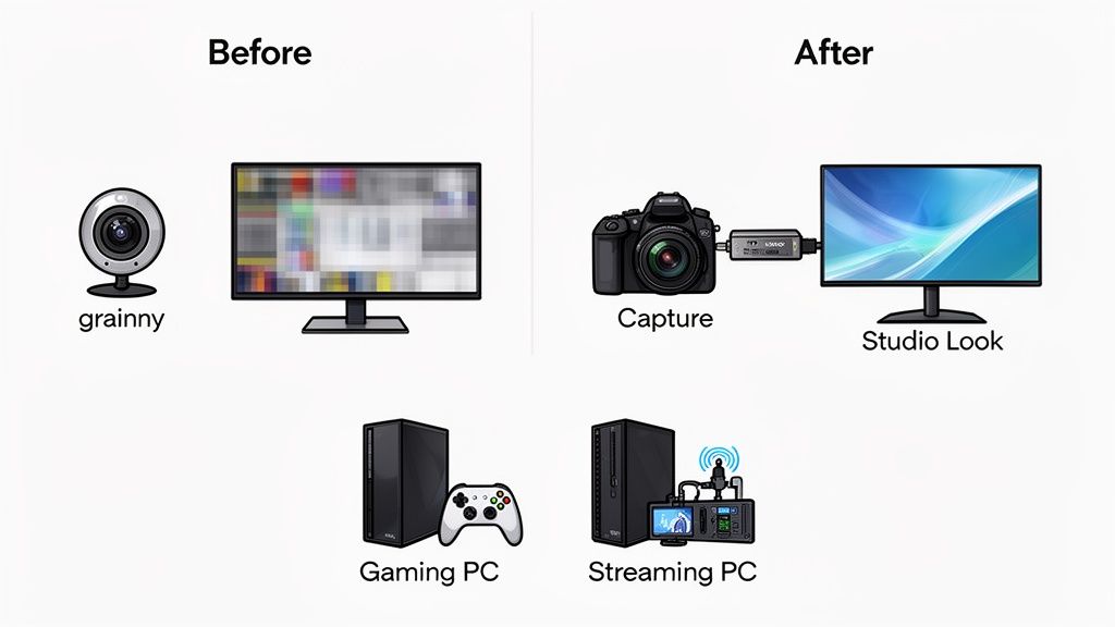 Before and after comparison of video streaming setups, from grainy webcam to professional capture card quality.