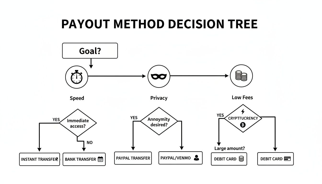 Decision tree illustrating payout methods considering speed, privacy, and transaction fees for different payment options.