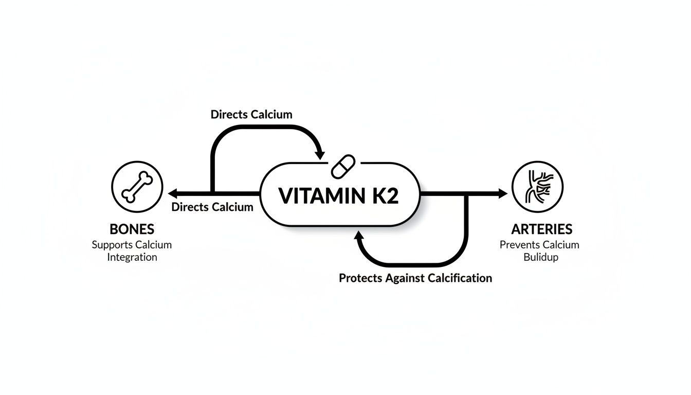 Diagram illustrating how Vitamin K2 directs calcium to bones and prevents buildup in arteries.