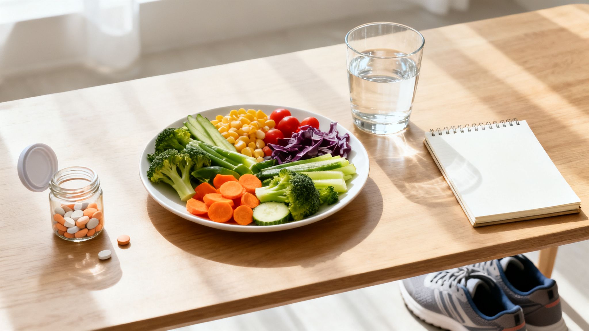 A plate of colorful fresh vegetables, multivitamins, water, and a notepad for a healthy lifestyle.
