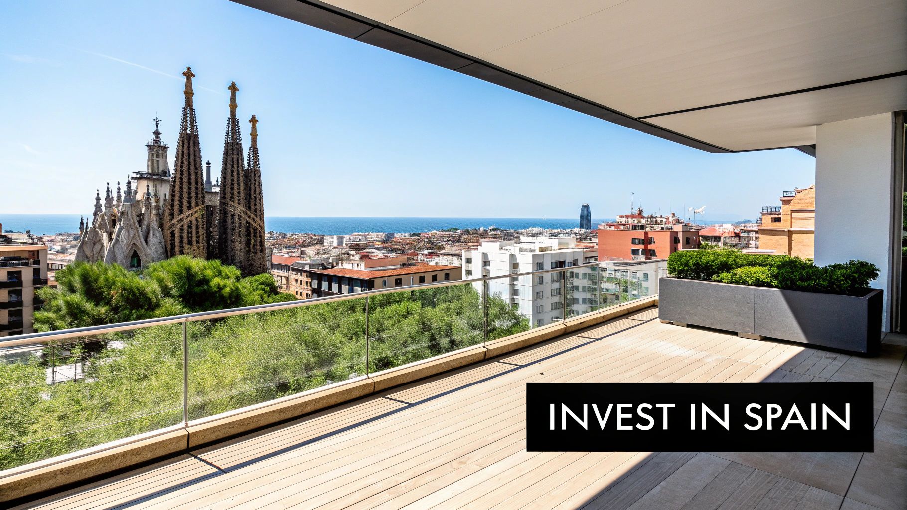Spacious balcony with stunning views of Barcelona, Sagrada Familia, city, and sea, promoting investment in Spain.