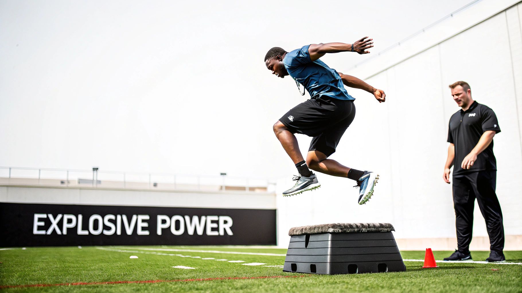 A male athlete performs a box jump on a turf field, focused on explosive power, with a coach observing.
