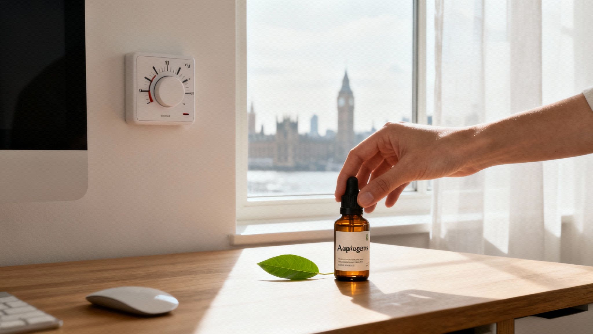 Hand picking up Adaptogens liquid supplement bottle with London's Big Ben in background.