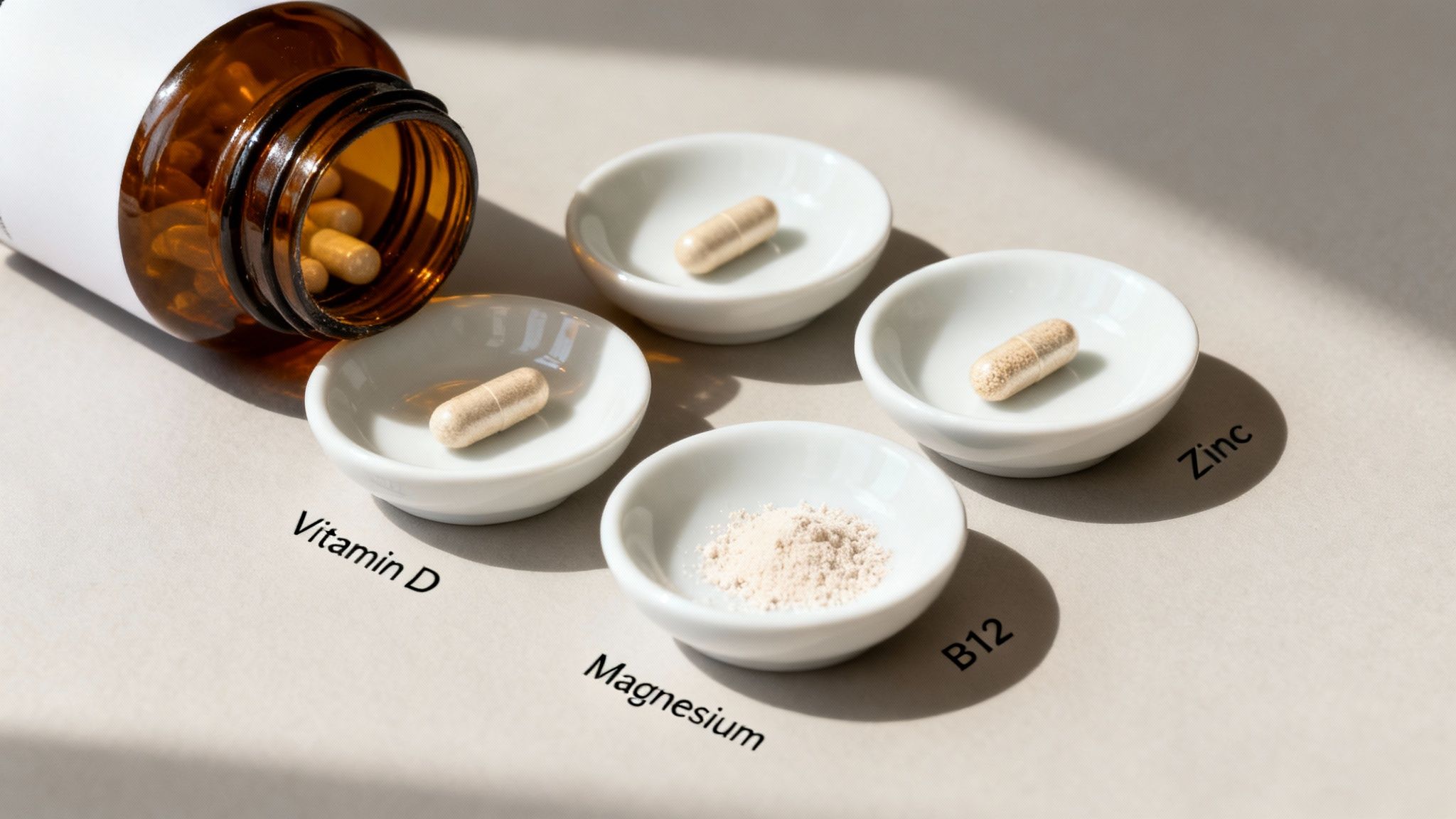 A brown supplement bottle and four bowls displaying Vitamin D, Magnesium powder, B12, and Zinc.