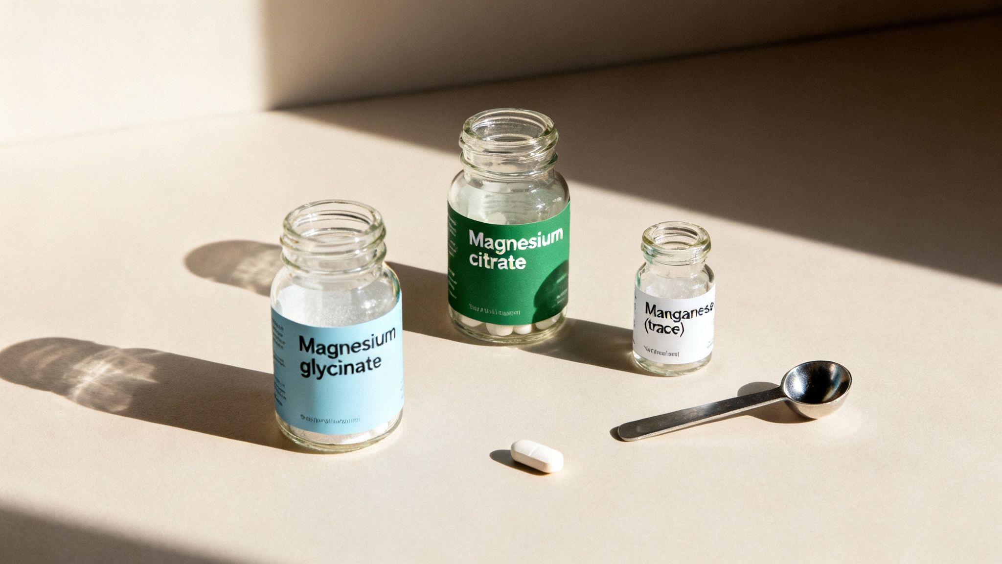 Three supplement bottles labeled magnesium glycinate, magnesium citrate, and manganese, with a pill and spoon.