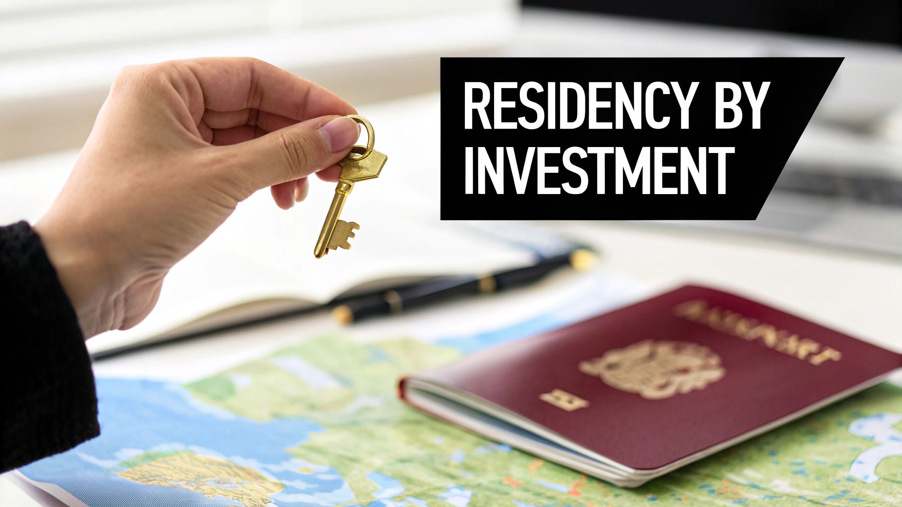 A hand holds a golden key over a map and passport with 'RESIDENCY BY INVESTMENT' text.