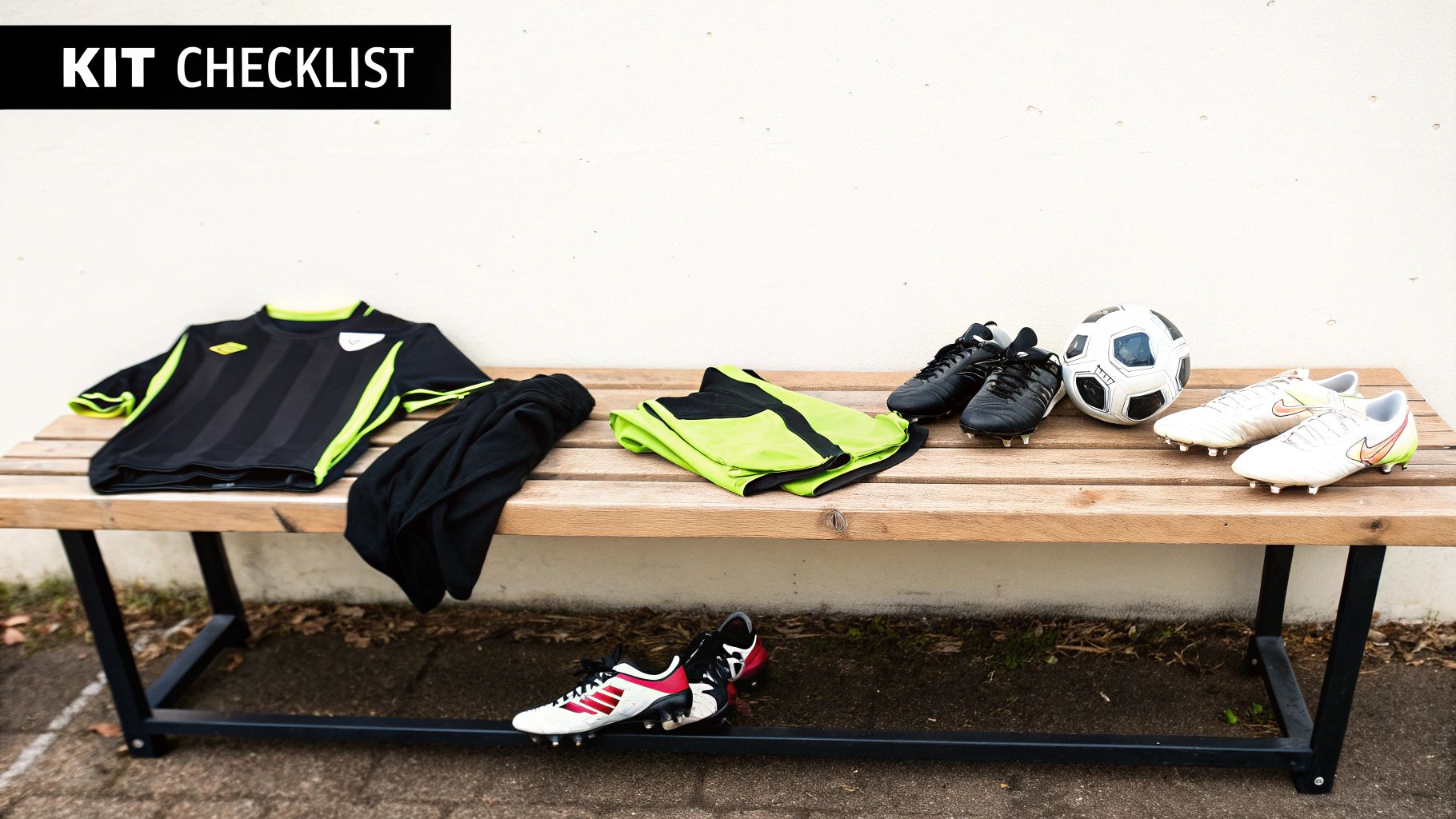 A soccer kit checklist with jersey, shorts, bib, multiple cleats, and a ball laid out on a wooden bench.