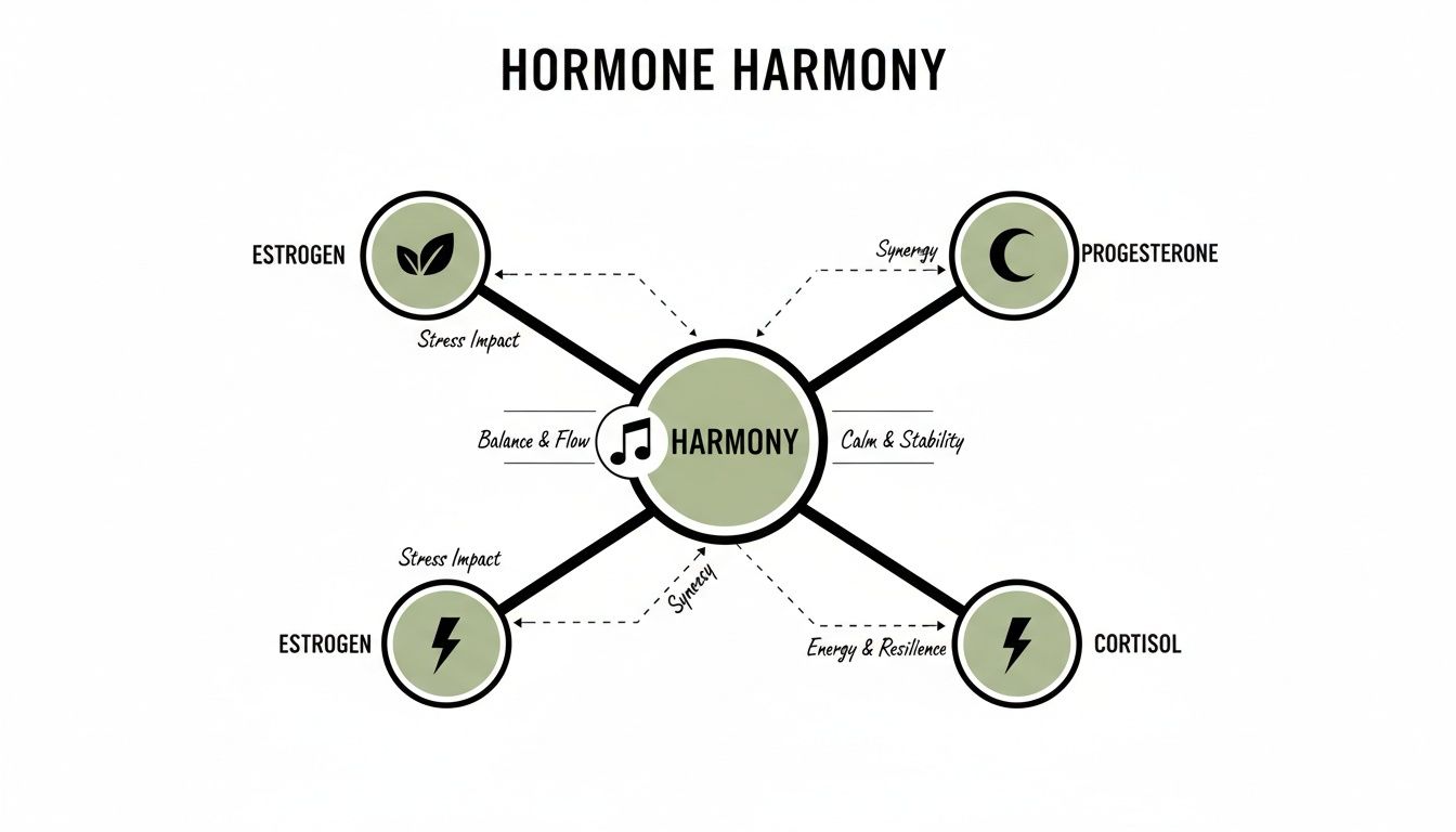 Diagram illustrating hormone harmony, showing connections between Estrogen, Progesterone, and Cortisol for overall balance and stability.