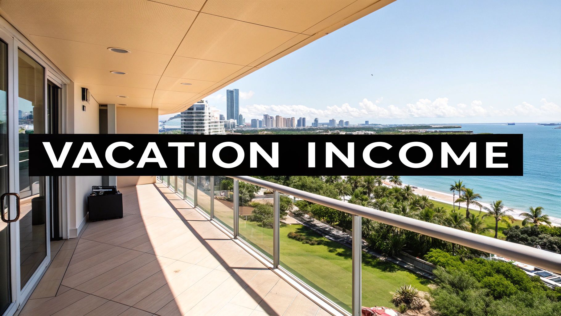 Balcony view of a city skyline, beach, and ocean with 'VACATION INCOME' text.
