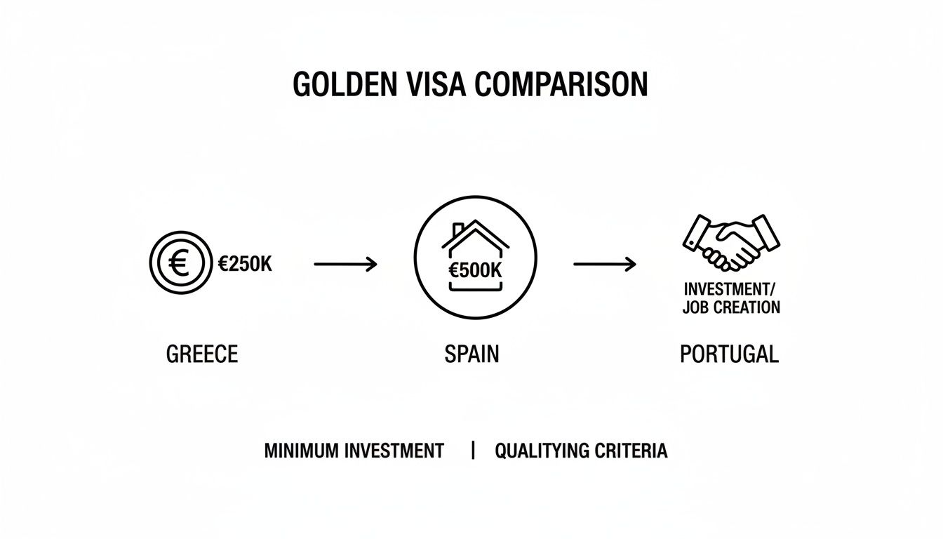 Comparison of Golden Visa programs for Greece, Spain, and Portugal, showing minimum investment and qualifying criteria.