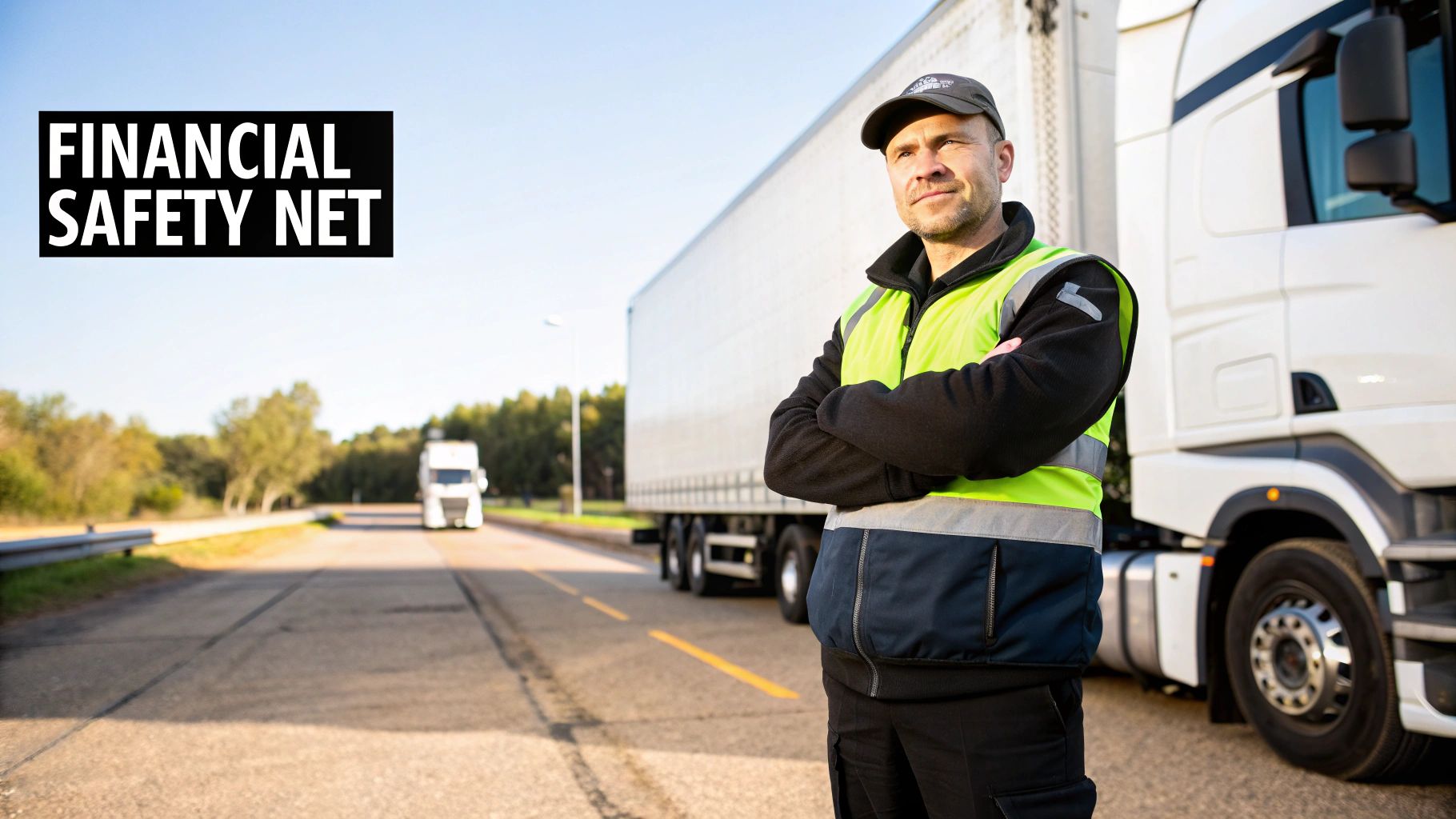 Lorry driver looking out of the cab window onto a motorway