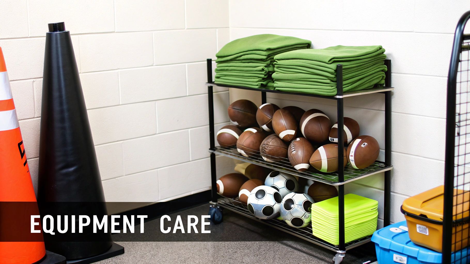 A football coach cleaning and organising various pieces of training equipment like cones and balls.