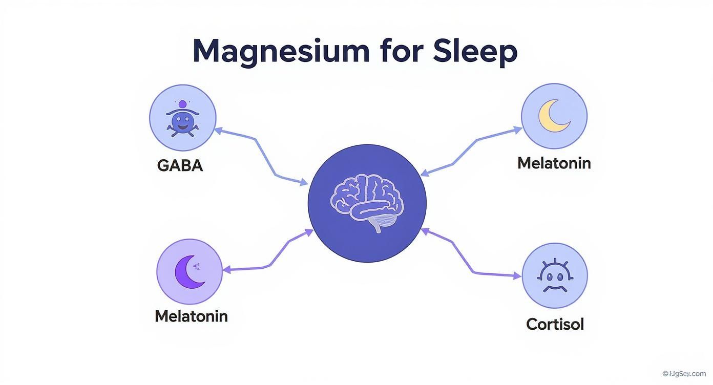 Diagram illustrating how magnesium supports sleep by influencing GABA, melatonin, and cortisol levels.