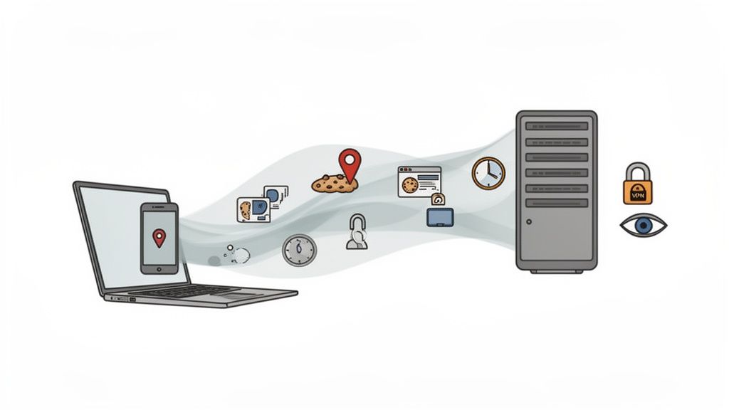 Graphic showing a laptop and phone sending personal data, including location, cookies, and time, to a server.