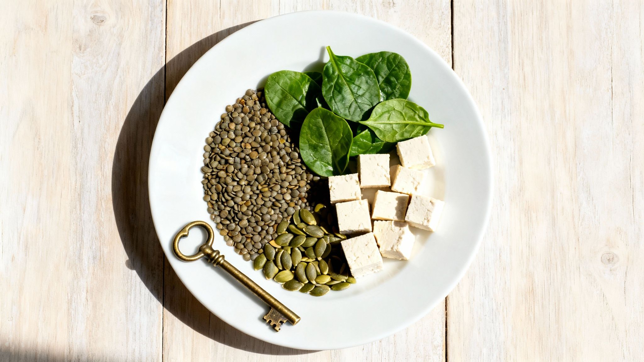 A white plate on a wooden table holds lentils, spinach, tofu, pumpkin seeds, and a vintage key.